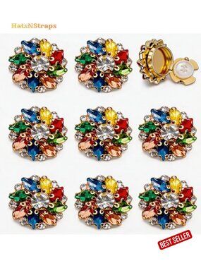 Rhinestone Flower Button Covers for Clothing, 30mm Clip-On Crystal Buttons Set